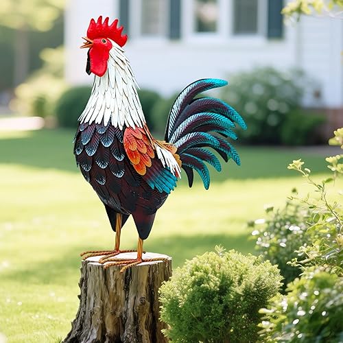 Miniatura 8 de Decoración de gallo de metal, decoraciones de pollo para patio, estatuas de jardín al aire libre, escultura de pollo de metal para decoración de