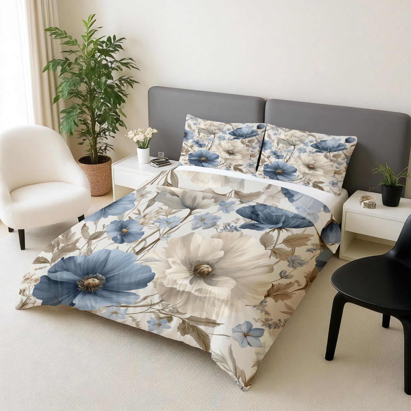Parure de Lit Pavot Bleu 220x240 : Microfibres Douces à Fermeture Éclair pour Sommeil Réparateur