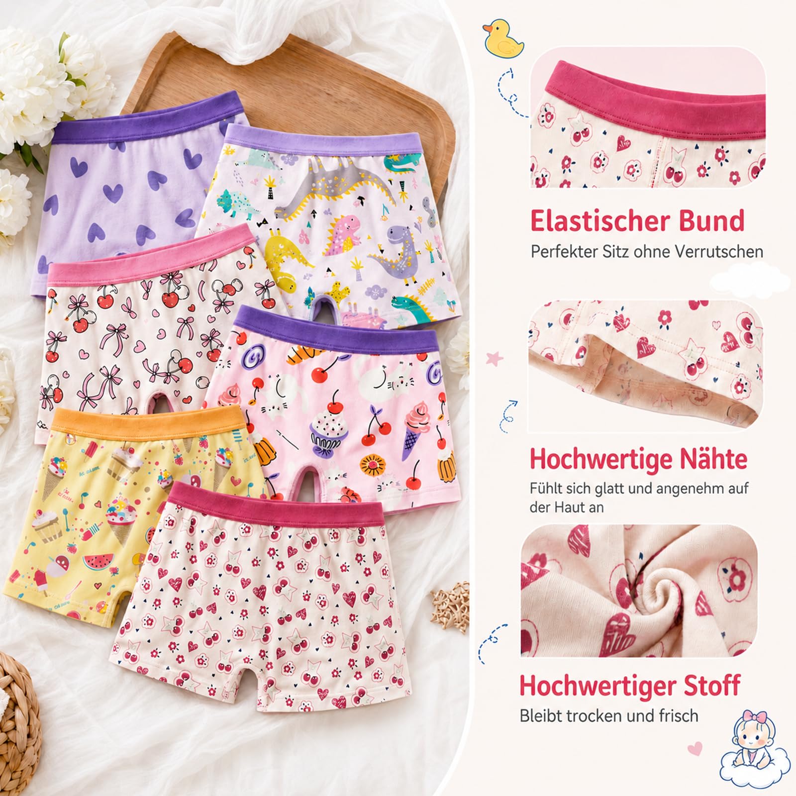FLYISH DIRECT Mädchen Unterwäsche 6er Pack – Baumwolle Unterhosen, Atmungsaktiv & Dehnbar Mädchen Boxershorts