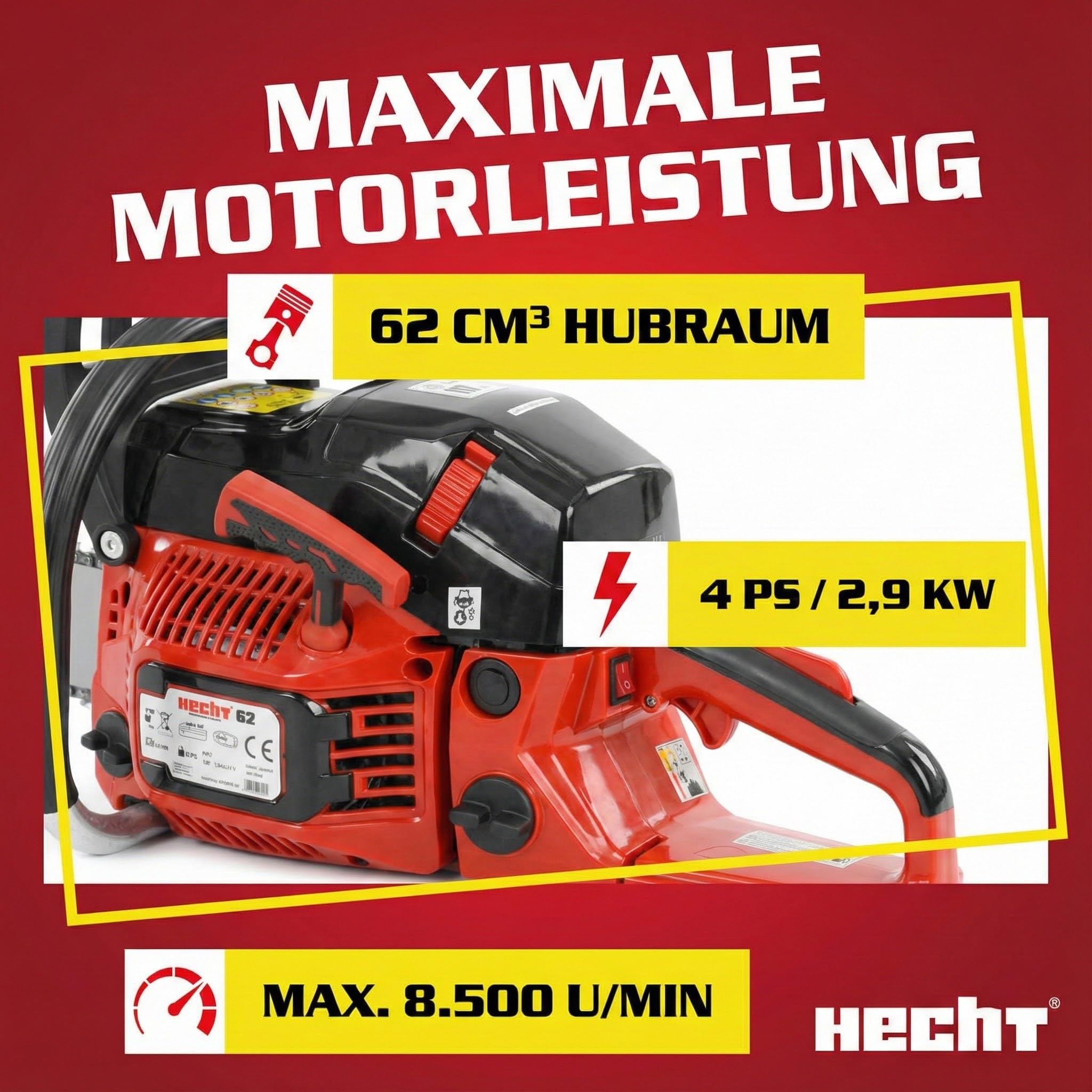 HECHT Benzin Kettensäge 62 cm³ 4 PS mit 50 cm Schwert