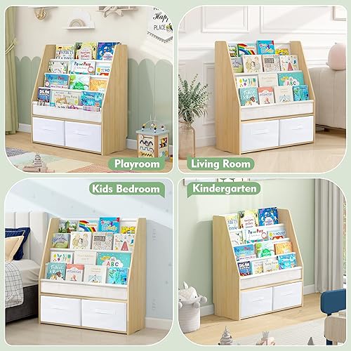 Miniatura 17 de MallBest Estantería infantil de madera maciza con contenedores de almacenamiento, estante frontal inspirado en Montessori para niños de 1 a 5 años,