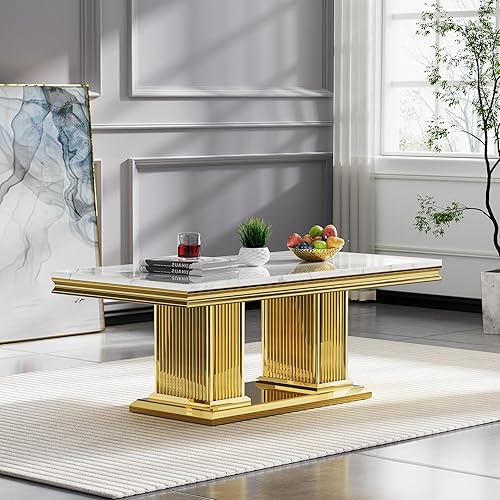 Miniatura 5 de Juego de 2 mesas de sala de estar, mesa auxiliar de mármol sintético y mesa consola dorada, mesa auxiliar rectangular de lujo blanca y dorada, juego