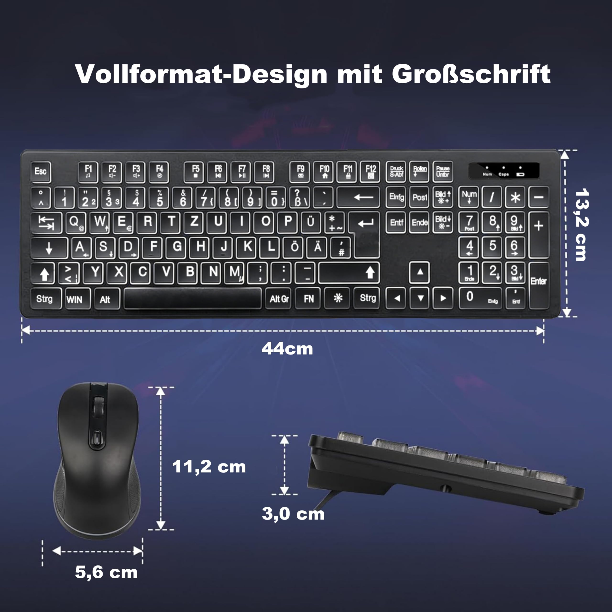 Großschrift Kabellose Computertastatur & Maus Set – DE Vollformat-Tastatur mit weißer Hintergrundbeleuchtung, 2,4-GHz, wiederaufladbar Tastatur & Maus für Büro, Homeoffice & Windows PC (QWERTZ)