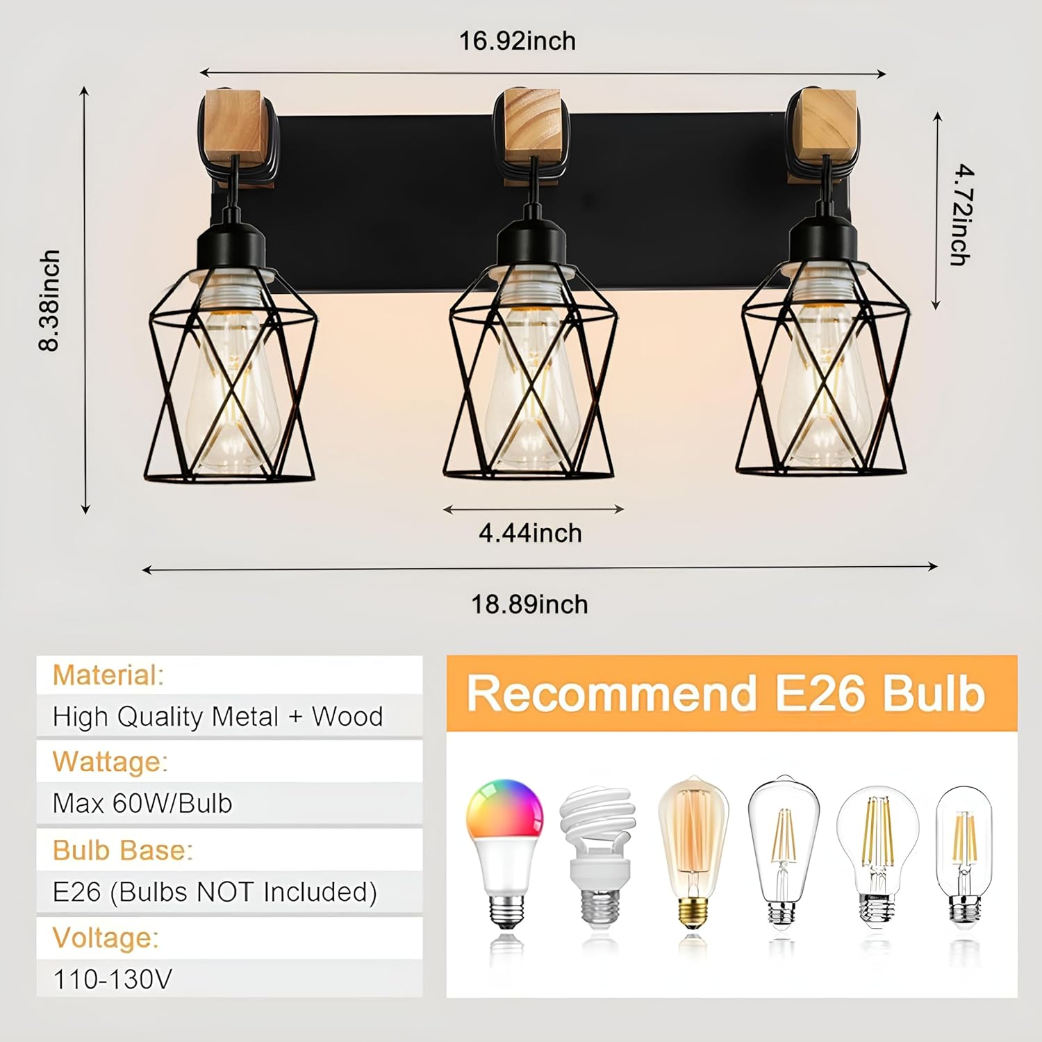 Farmhouse Bathroom Vanity Light, 3-Lights Wood Rustic Bathroom Light Fixtures Over Mirror, Black Industrial Sconces Wall Lighting with Metal Lampshade for Hallway, Living Room, Bedroom