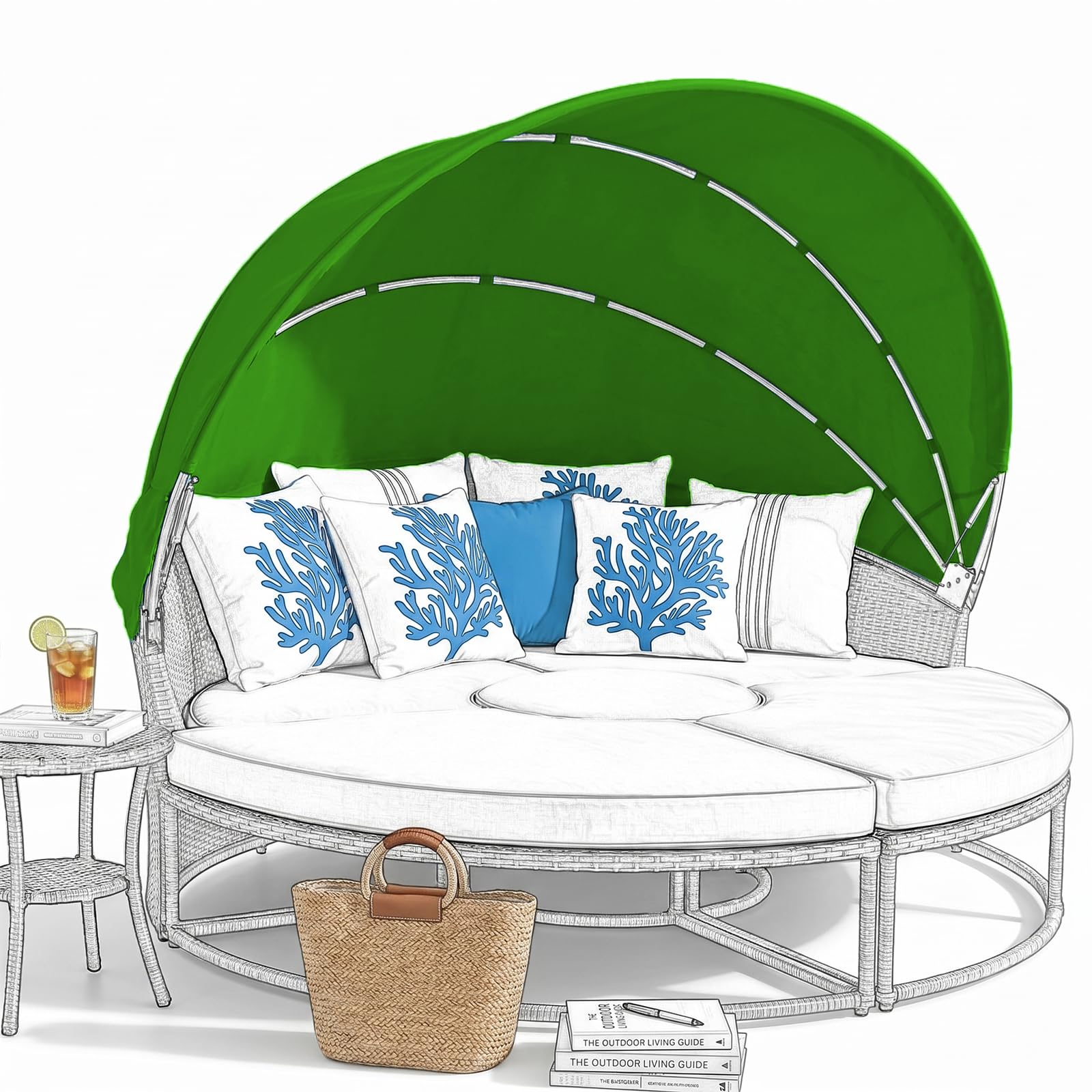 LR68HFT Replacement Canopy for Patio Round Daybed Applicable to Dia 200-220cm, Retractable Top Cover for Outdoor Sunbed, Sun-Resistant and Water-Repellent, Quick Installation (Grass Green)