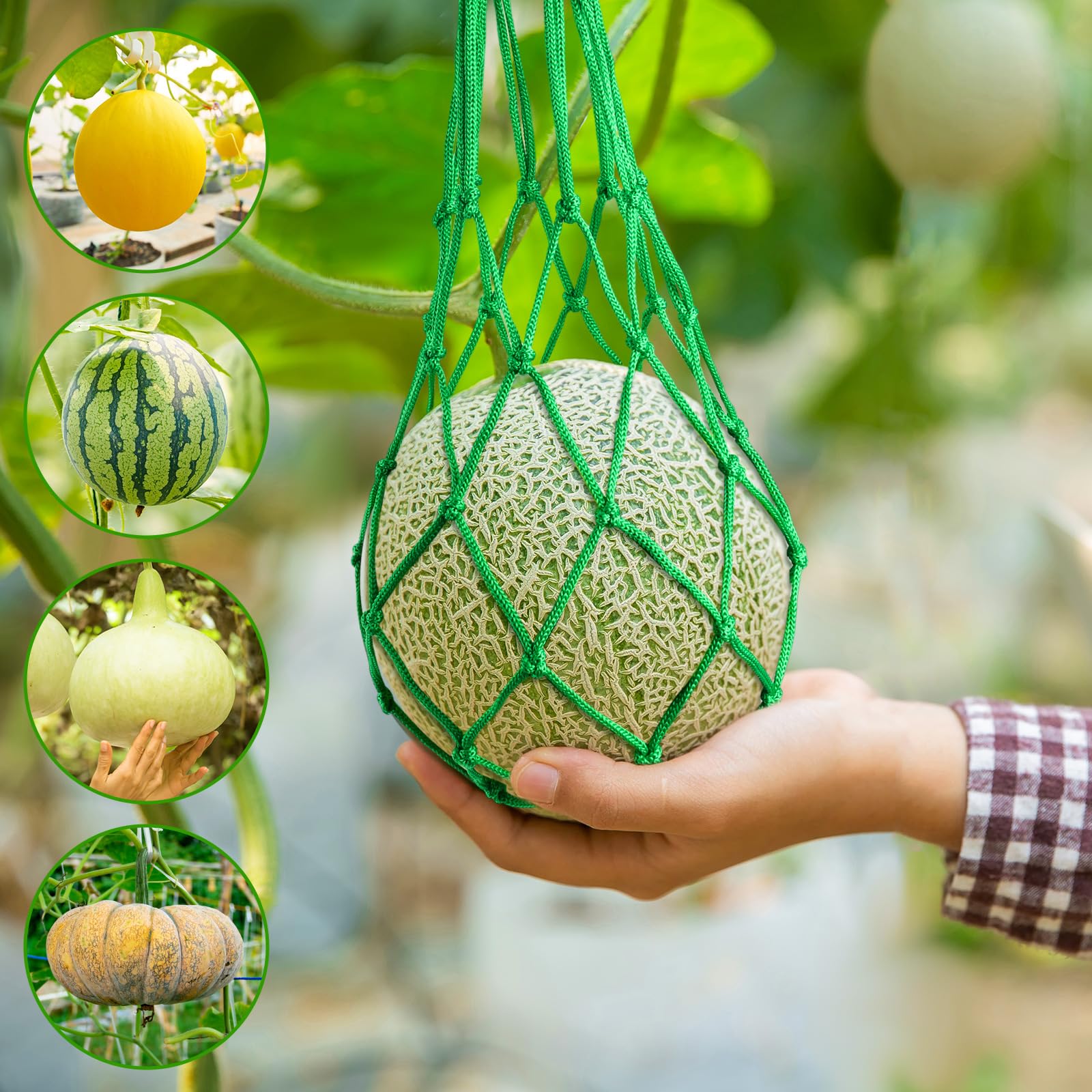 Melonen-Hängematte, Wassermelonennetze, Melonen-Hängematte für Rankgitter, robuste Wassermelonennetze, perfekt für den Anbau von Cantaloupe, Grün, 10 Stück Garten