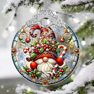 Gnome Stained Glass Ornament, Gnome Ornaments for Christmas Tree, Holiday Presents and Gift Exchange Ideas