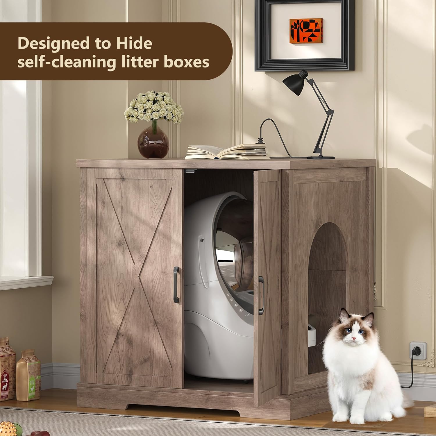 Hey-brother Enclosure for Self Cleaning Cat Litter Box, Large Hidden Litter Box Furniture with Charging Station, Suitable for Automatic Cats Litter Boxes and Robot, Vintage, Rustic Gray JCLB004SG