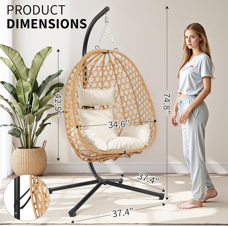 LEX CRAFT Egg Chair with Stand, Patio Wicker Hanging Chair, Hammock Swing Chair, 350LBS Capacity for Bedroom, Balcony, Garden (YE-BE) image 2
