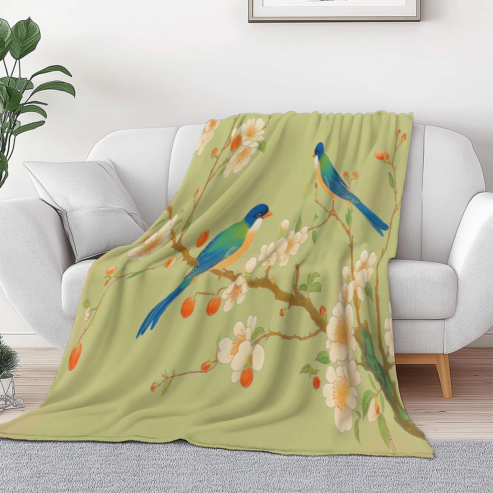 Koc polarowy z mikrofibry 220 x 240 cm, rośliny wiśni ptaki nadruk 3D miękki pluszowy koc na łóżko dla dorosłych i dzieci, kemping, żółto-zielony
