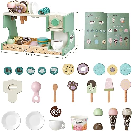 Miniatura 5 de Juguete de helado de madera, contador de helado 3 en 1 con cafetera, 28 piezas para niños pequeños, accesorios de cocina, juguetes de madera para