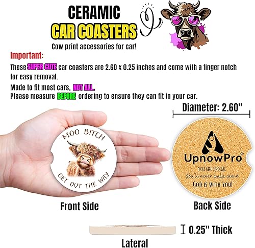 Miniatura 7 de Posavasos de vaca para portavasos Paquete de 2 bonitos accesorios de automóvil con estampado de vaca para mujeres, divertida decoración de cosas de