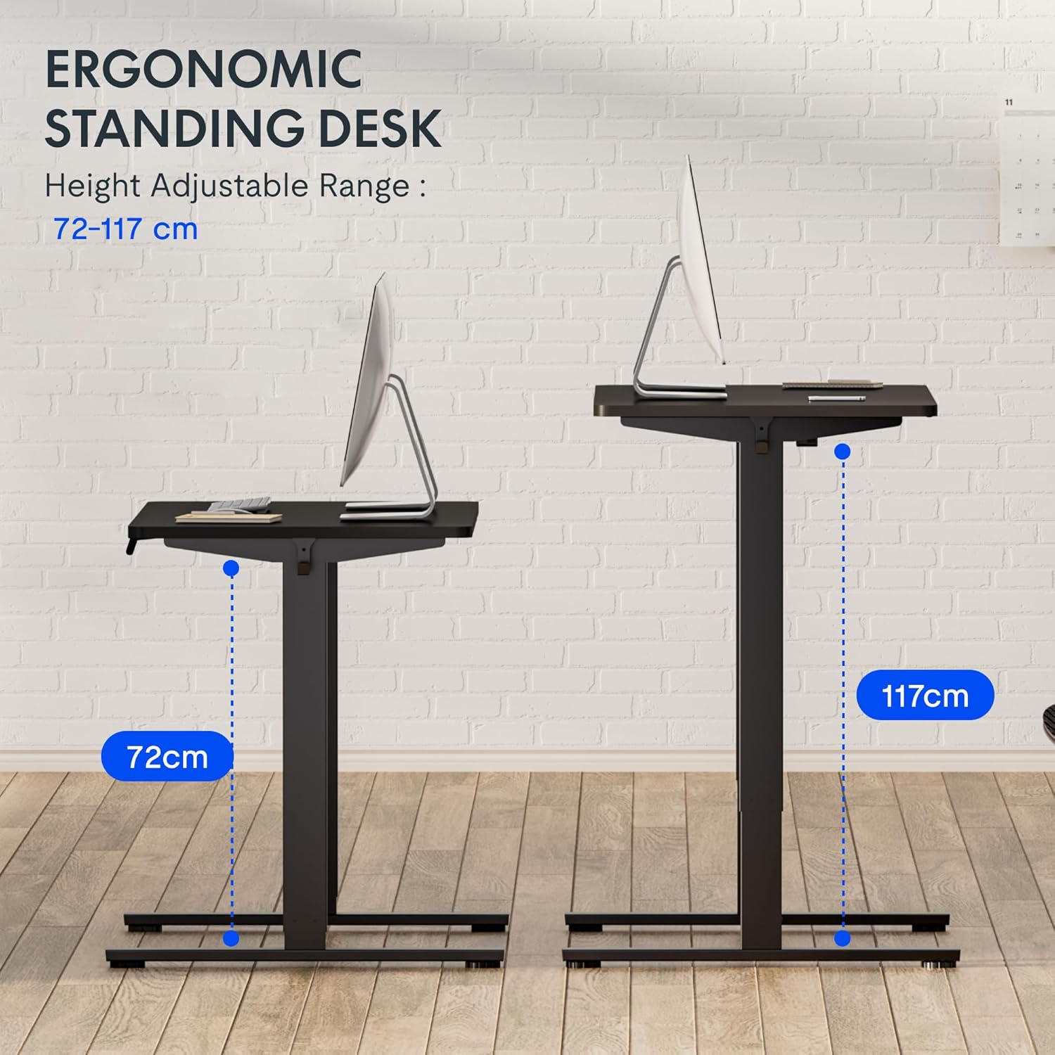 Diagram illustrating the ergonomic standing desk's height adjustable range from 72 cm to 117 cm.