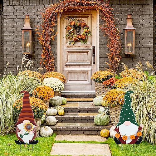 Miniatura 2 de YEAHOME Decoraciones de otoño para el hogar al aire libre, paquete de 2 gnomos decorativos con calabaza y girasol para decoración de otoño, letreros