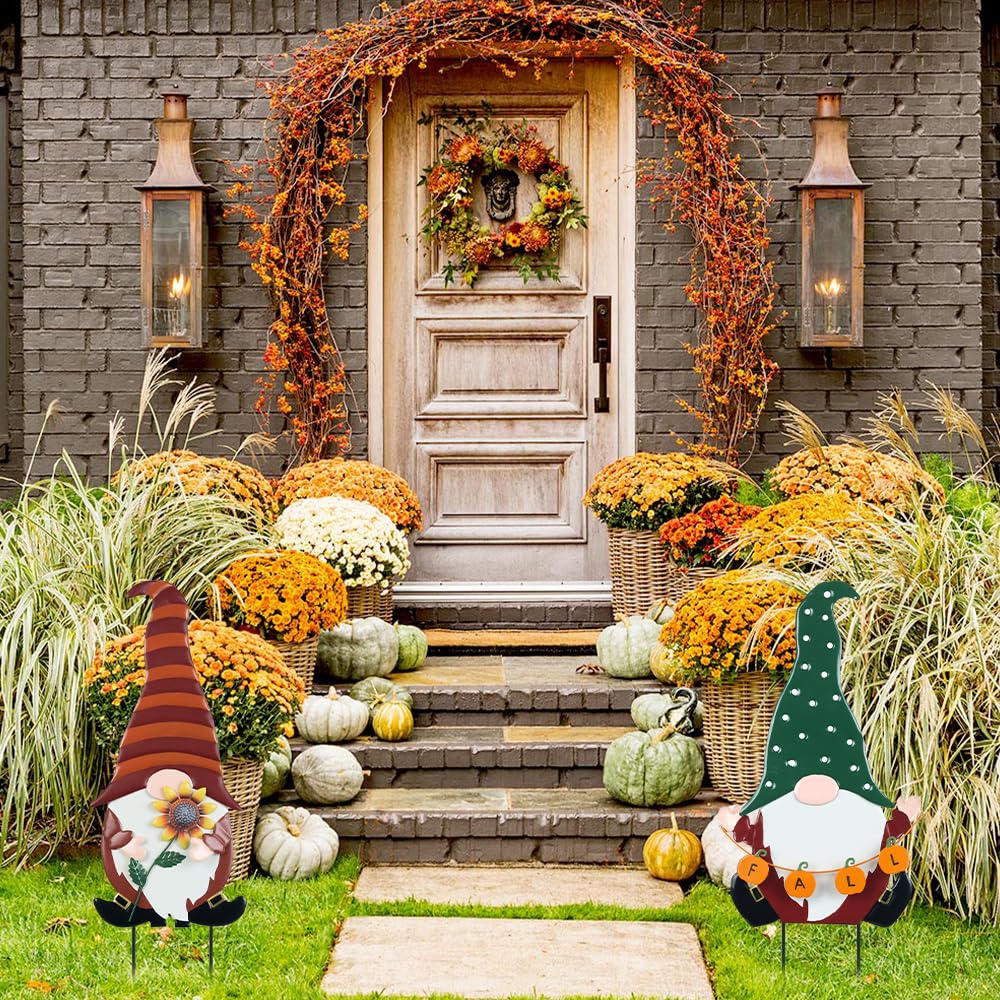 YEAHOME Fall Decorations for Home Outdoor, 2 Pack Gnomes Decorative Garden Stakes with Pumpkin & Sunflower for Fall Decor, Metal Yard Signs for Outside Garden Lawn Porch Thanksgiving Decorations