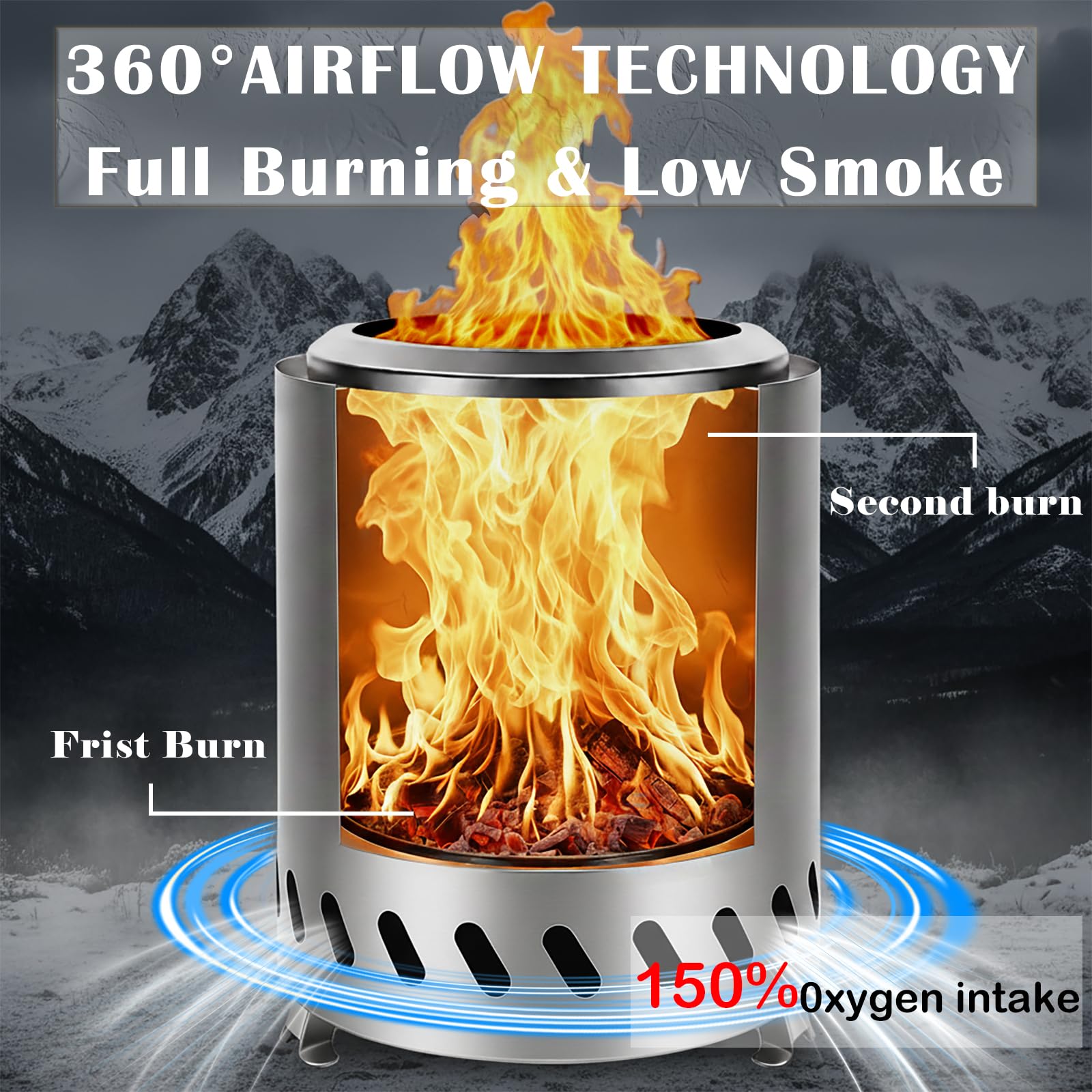 Palenisko stołowe firmy AmazStove, kuchenka kempingowa o niskiej emisji dymu do bezpiecznego paleniska na zewnątrz, napędzana granulatem lub drewnem, torba podróżna w zestawie, srebrna