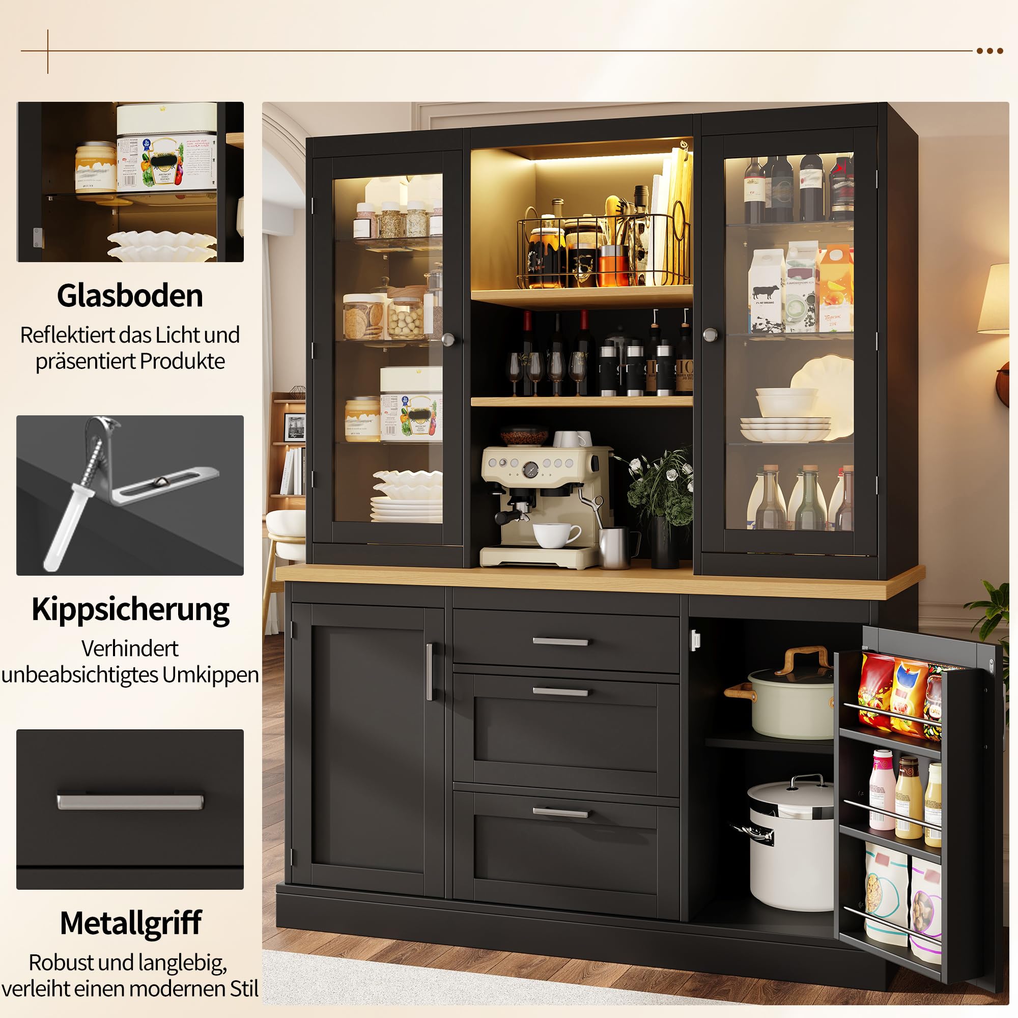 Armoire de cuisine avec plan de travail - Armoire de buffet avec étagères réglables - Éclairage LED contrôlé par application - Armoire haute polyvalente pour cuisine et salon - 140 × 40 × 185 cm (noir