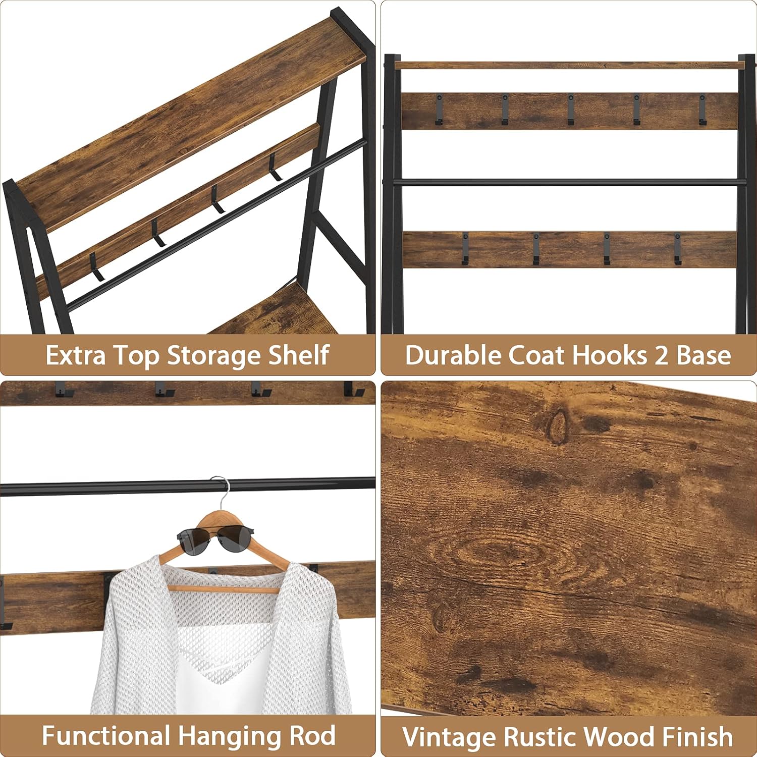 Homieasy Entryway Coat Rack, Hall Tree with Storage Shoe Bench, 3-in-1 Industrial Coat Shoe Rack with Shelves, Wood Angled Entry Coat Stand with Metal Frame for Entrance, Foyer, Bedroom, Rustic Brown : Home & Kitchen