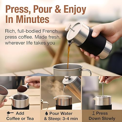 Miniatura 4 de JennLee Cafetera de prensa francesa, portátil de acero inoxidable con aislamiento de doble pared, cafetera y tetera francesa, perfecta para el