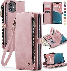 Defencase Wallet Case Compatible with iPhone 11 with RFID Blocking Card Holder for Women Men, Fashion PU Leahter Zipper Magnetic Button Flip Snap Phone Case Compatible with iPhone 11 6.1", Rose Pink