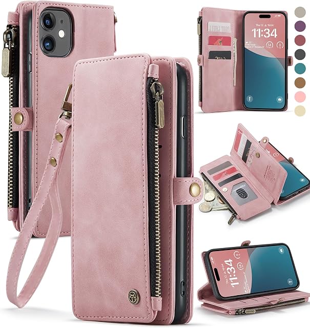 Defencase Wallet Case Compatible with iPhone 11 with RFID Blocking Card Holder for Women Men, Fashion PU Leahter Zipper Magnetic Button Flip Snap Phone Case Compatible with iPhone 11 6.1", Rose Pink