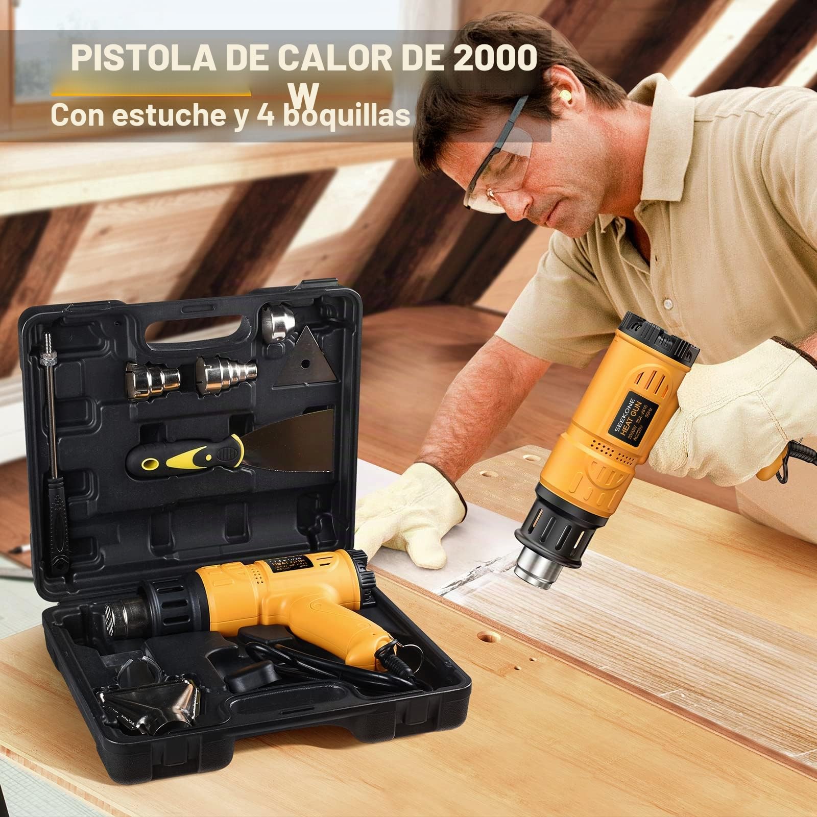 SEEKONE Kit de Pistola de Calor 2000W de Alto Rendimiento, Temperatura Variable 50°C - 600°C Pistola de Aire Caliente con Maletín de Transporte y Protección Contra Sobrecarga, 5 Boquillas