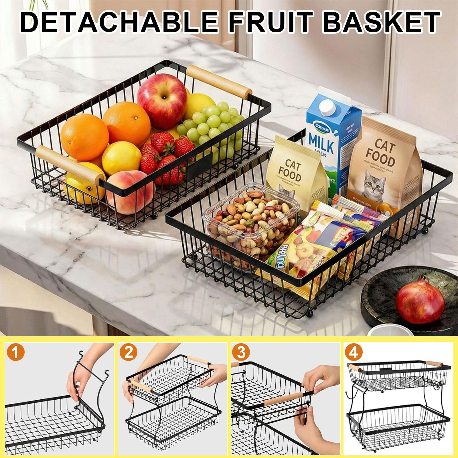 Porta Frutta Da Tavolo a 2 Livelli, Portafrutta a Ripiani In Metallo, Cestino Frutta con 2 Portabanane Ideale Per Mele, Banane, Cipolle e Snack