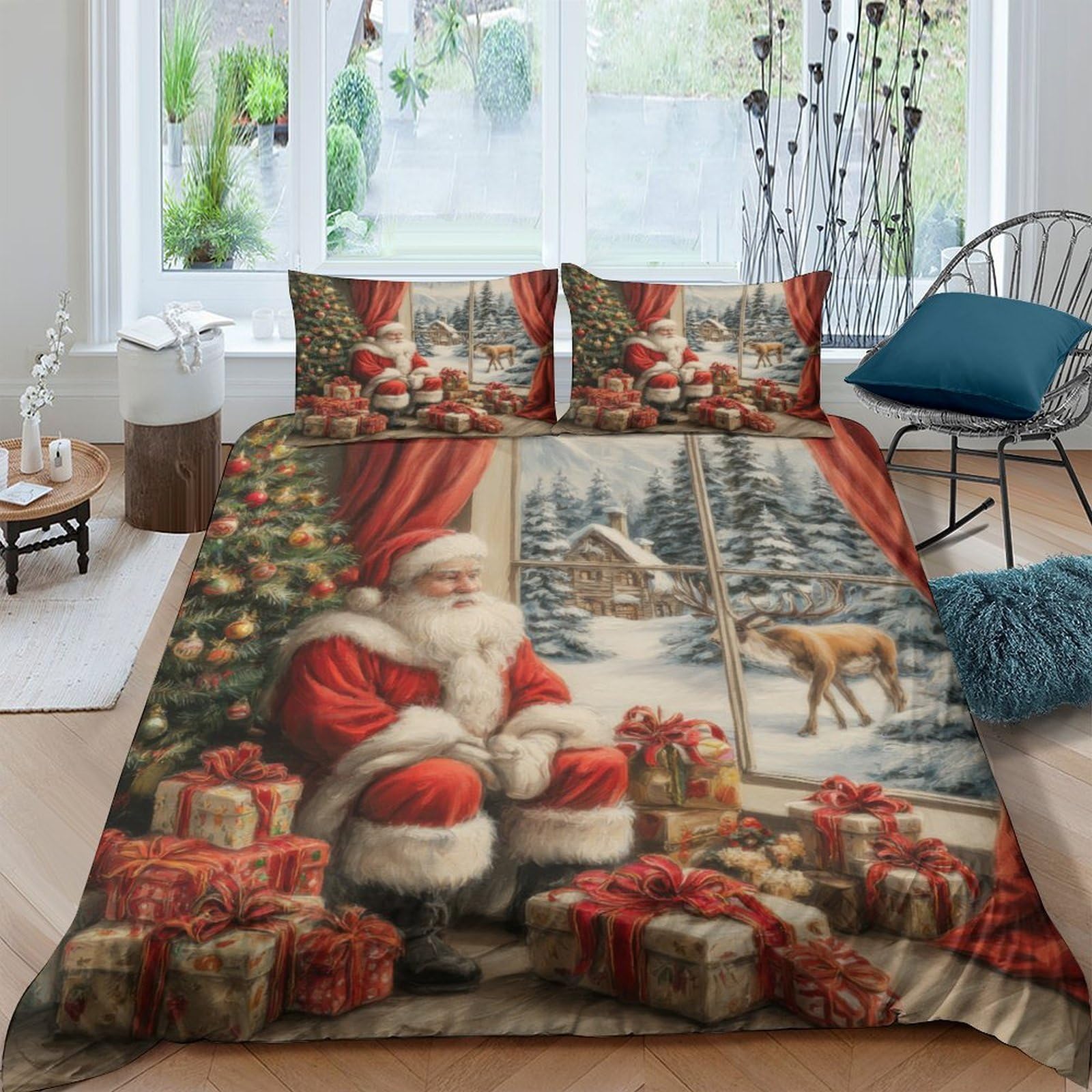 Ctjqhvkz Style-5 3D Printed Christmas Santa Fitted Sheet Microfiber Red Gift Tree Bed Cover For Bedroom Guest Room Easy Care Single（135X200cm）