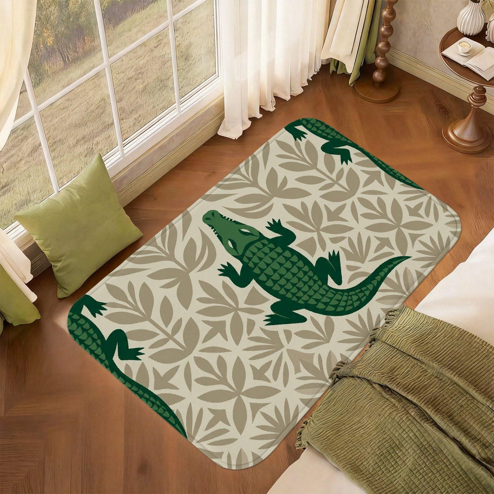 Alfombra de área de cocodrilo, diseño tropical de hojas naturales, sin esponja de pelo bajo, suave, rectangular, resistente a las manchas, para sala de estar, dormitorio, aula, decoración de