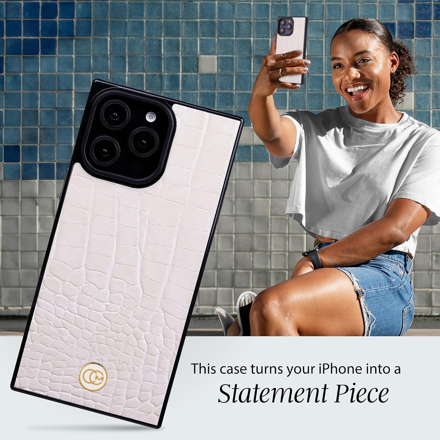 COCOMII iPhone 14 Pro Max Case + Ring Grip, Ivory Crocodile Leather image 2