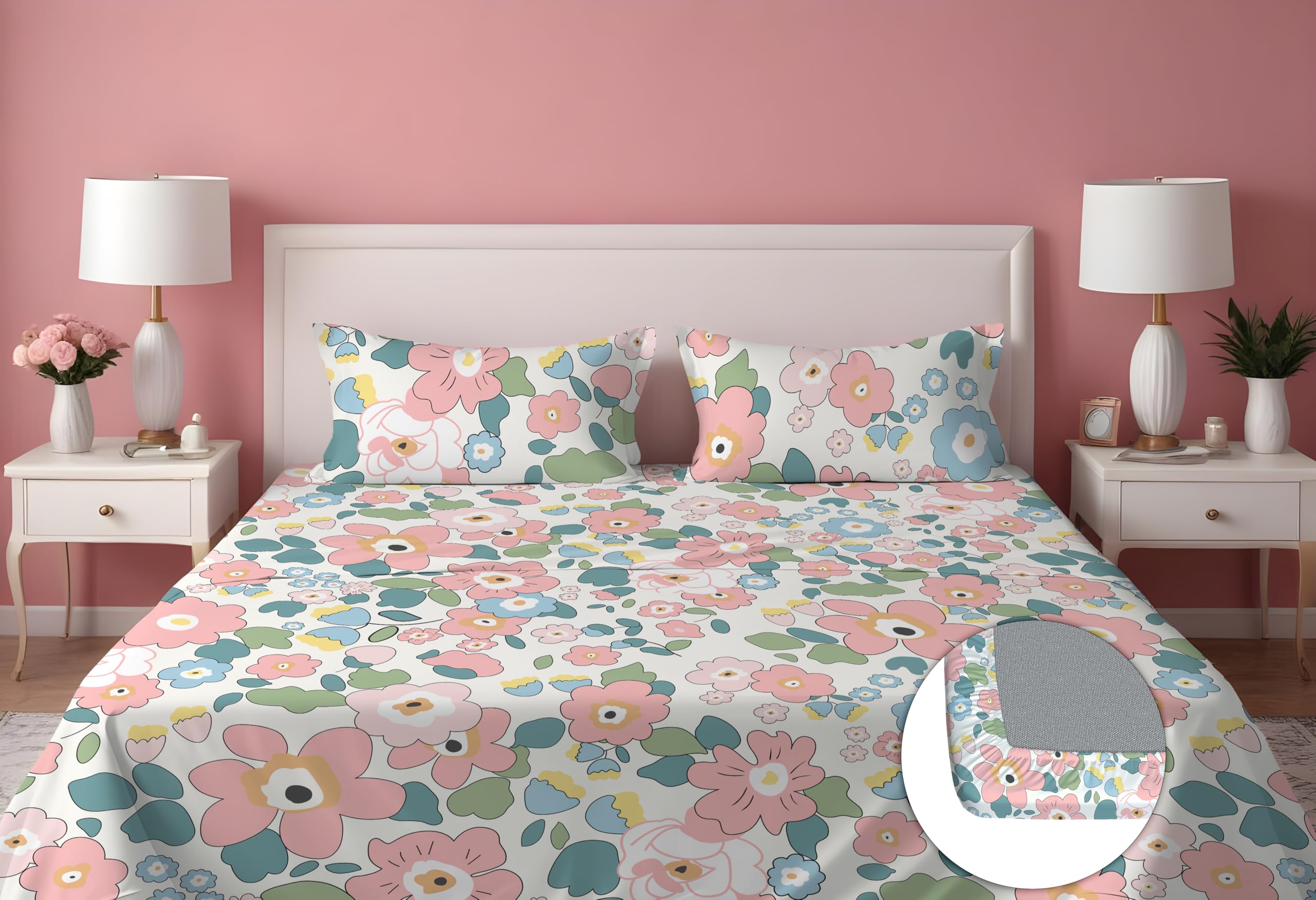 DREAMLET Premium Glace Cotton Elastic Fitted Bedsheets with 2 Full Size Pillow Covers Supersoft Double Bedsheet with All Around Elastic 160TC Size 90×100 inches (Pink Multi, Fitted) (B0DCK88QGS) Amazon Price History, Amazon Price Tracker