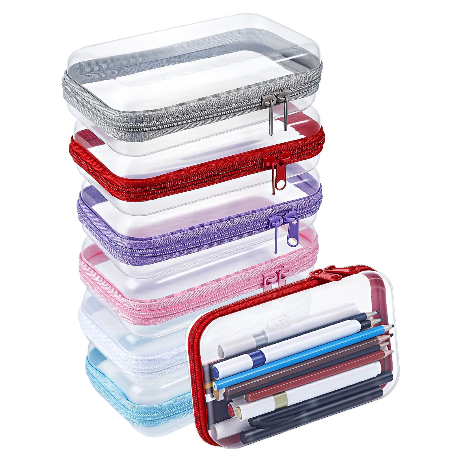 DELORIGIN 6PCS Clear Hard Shell Zipper Case 6 Colors Plastic Clear Pencil Case Hard Shell Zipper Pouch for School Stationery Travel Toiletry Makeup Cosmetics Organizer Storage Box