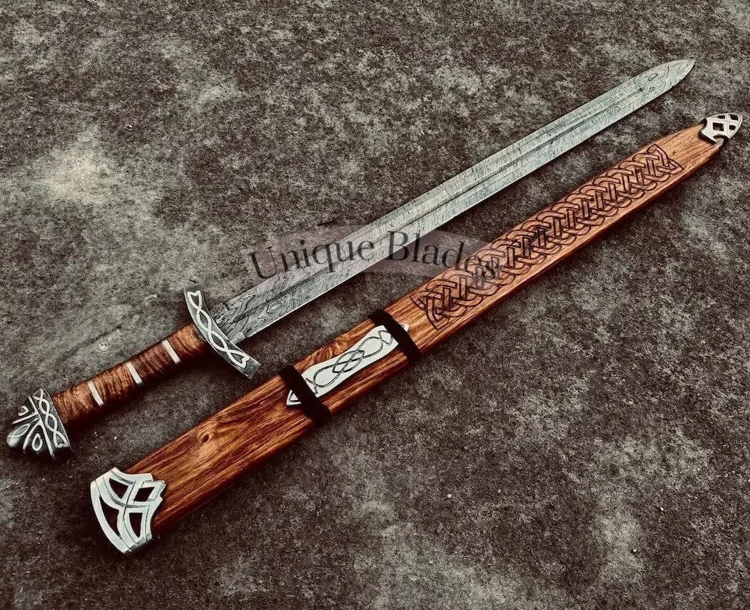 Viking Sword, 101.6 cm, 1095 Damascus Steel Full-Tang, Wood Scabbard, Blood-Grooves, Battlefield Collection - Image 4