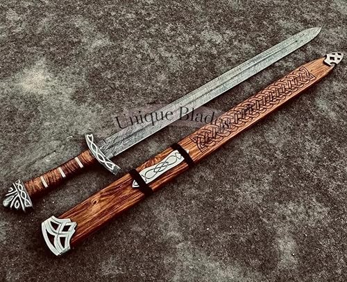 Miniatura 3 de Espada vikinga, 40.0 in, espada completa de acero de Damasco 1095, vaina de madera, ranuras de sangre, colección Battlefield