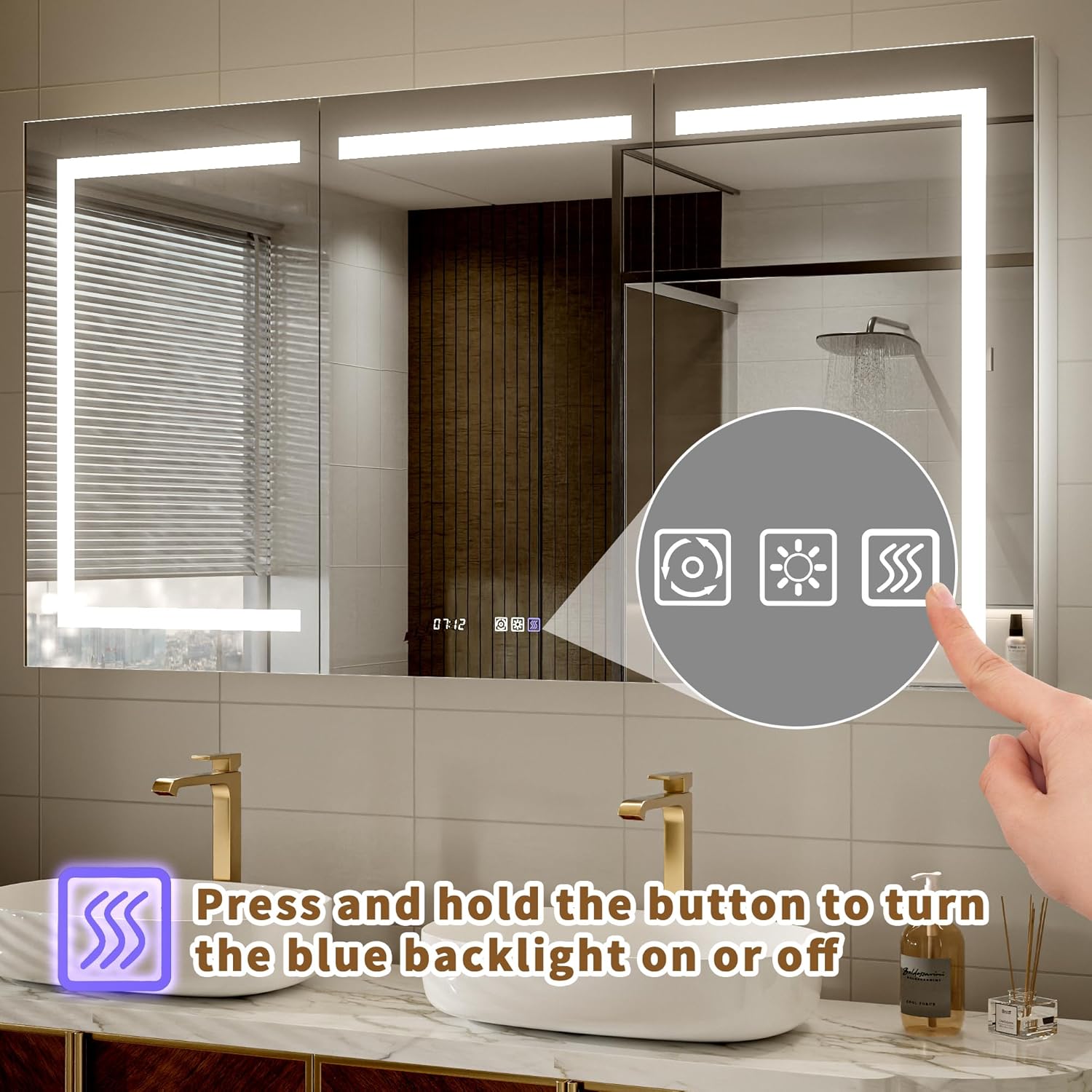 Lighted Medicine Cabinet with Mirror, 60" x 32" LED Medicine Cabinet Mirror for Bathroom with Built-in High-Power Outlet, Stepless Dimming & Defog, Wide Open