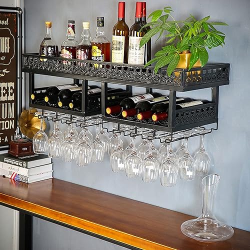 Miniatura 7 de Estante de vino industrial para colgar en la pared, incluye estante de pared para vino de 16 a 24 fundas para copas de vino (39.4 x 11.8 x 11.8
