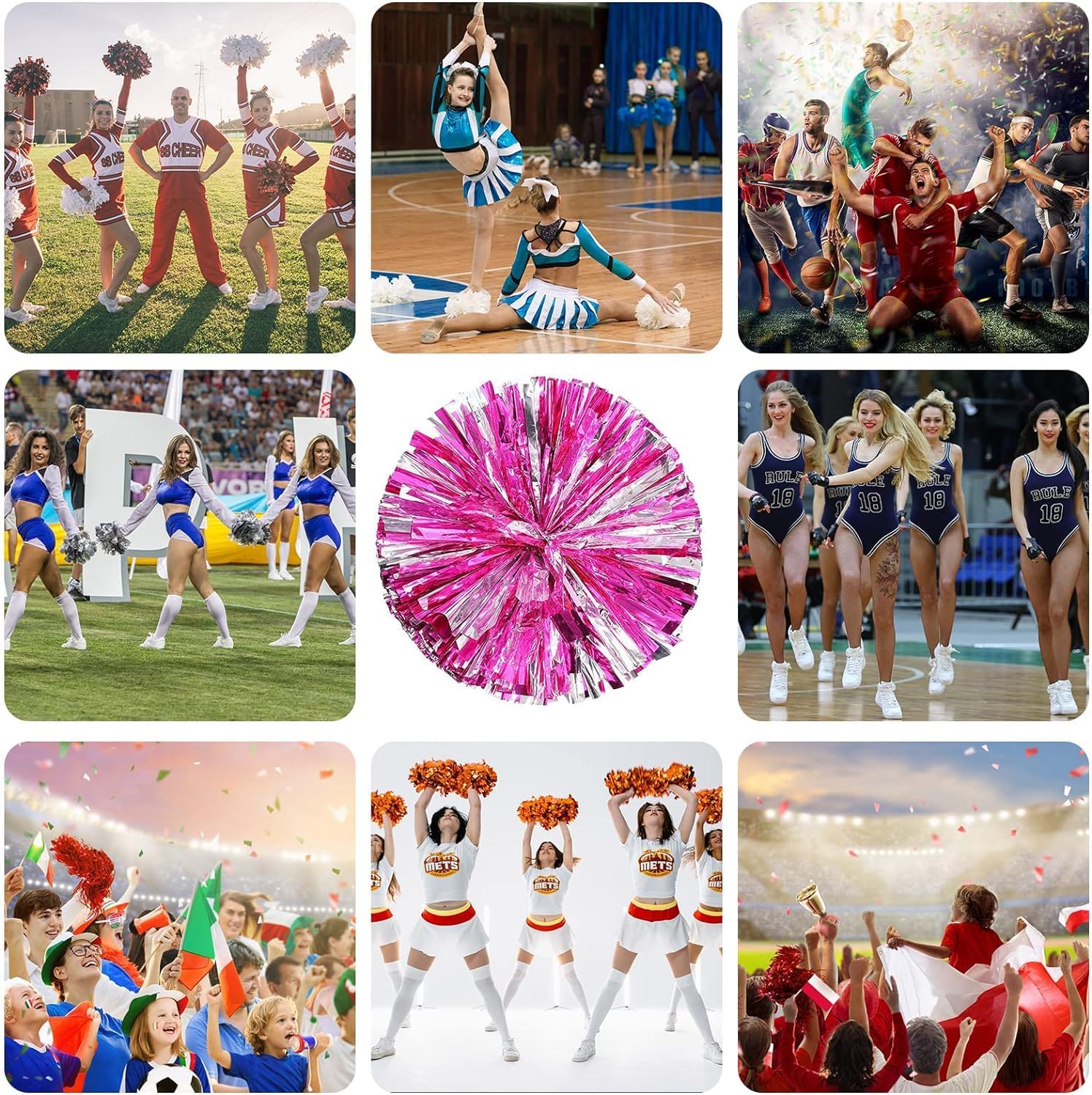 Cheerleader Pom Poms, 12 Pack Cheer Pom Pom Sports Dance Cheer Plastic Pom Poms Cheerleading for Sports Team Spirit Cheering