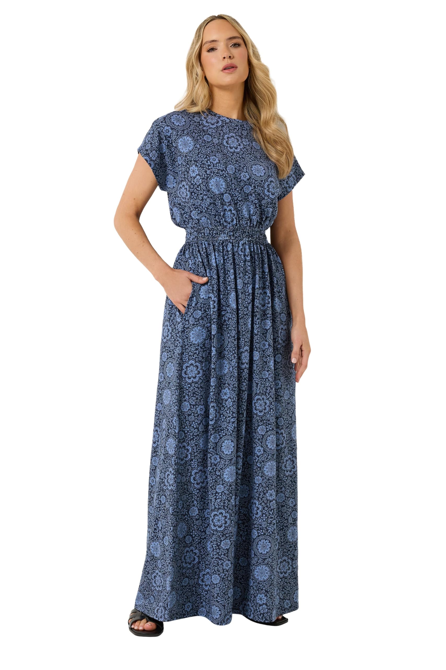 Long Tall Sally - LTS Tall Blue Floral Shirred Waist Cotton Maxi Dress - Women's