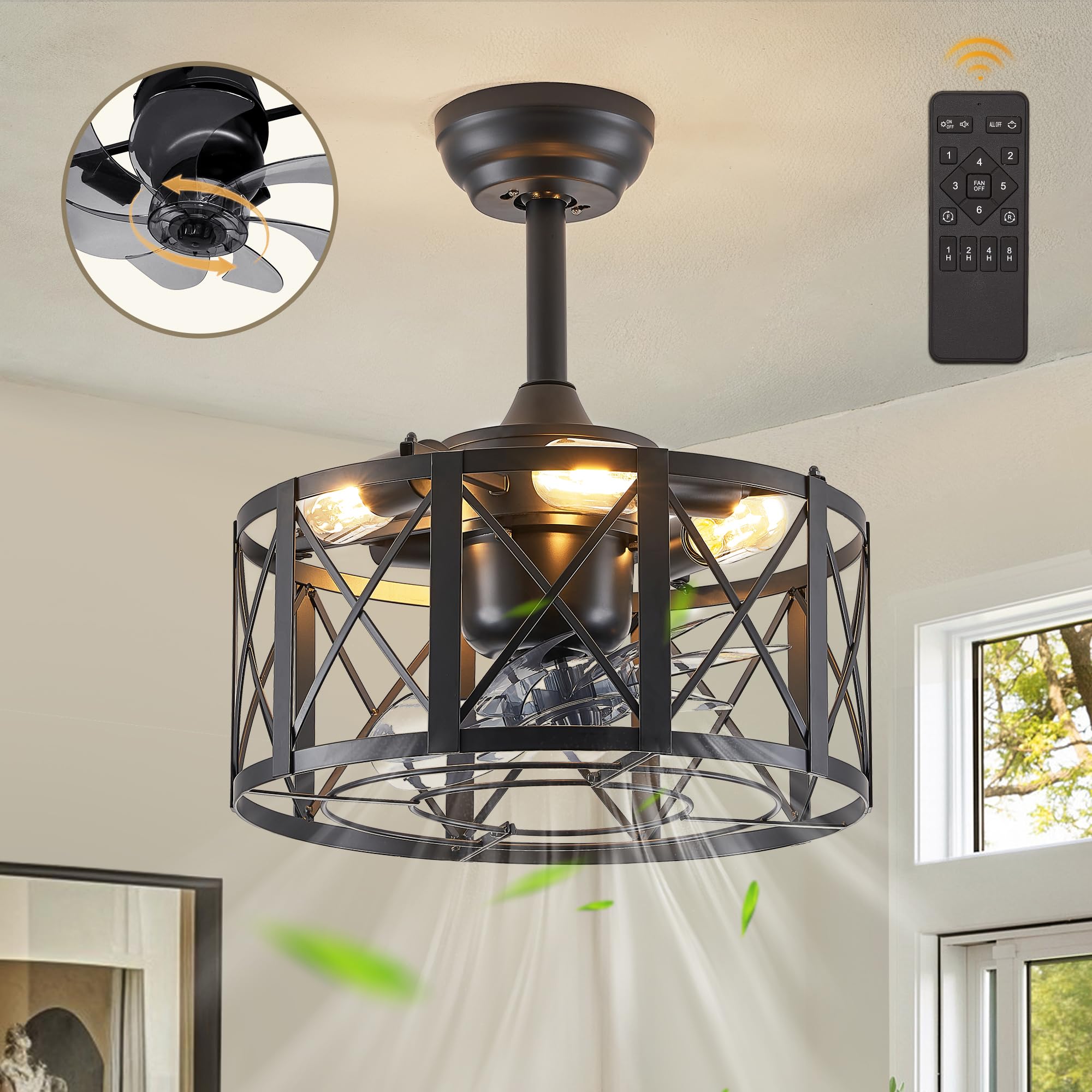 Oscillating Caged Ceiling Fan with Light, Fandelier Small Black Ceiling Fan with Remote for Kitchen, Bedroom, Farmhouse(6 Speed,1/2/4/8h Timing)