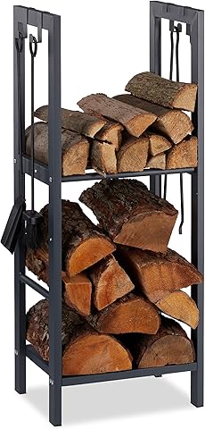 Relaxdays Leñero Interior con 2 Estantes y 4 Colgadores para Accesorios Chimenea, Acero, Antracita, 100 x 40 x 30 cm
