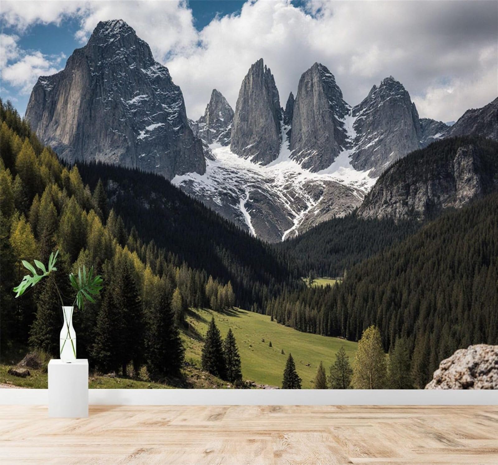 Tzxztt 400Cm×280Cm(B×H) Snow Capped Mountains White Clouds Pine Forests Green Valleys Natural Scenery Modern 3D Wallpaper Premium Textured Silk Neutral Tones Material Ideal For Living Room Bedroom-400Cm×280Cm