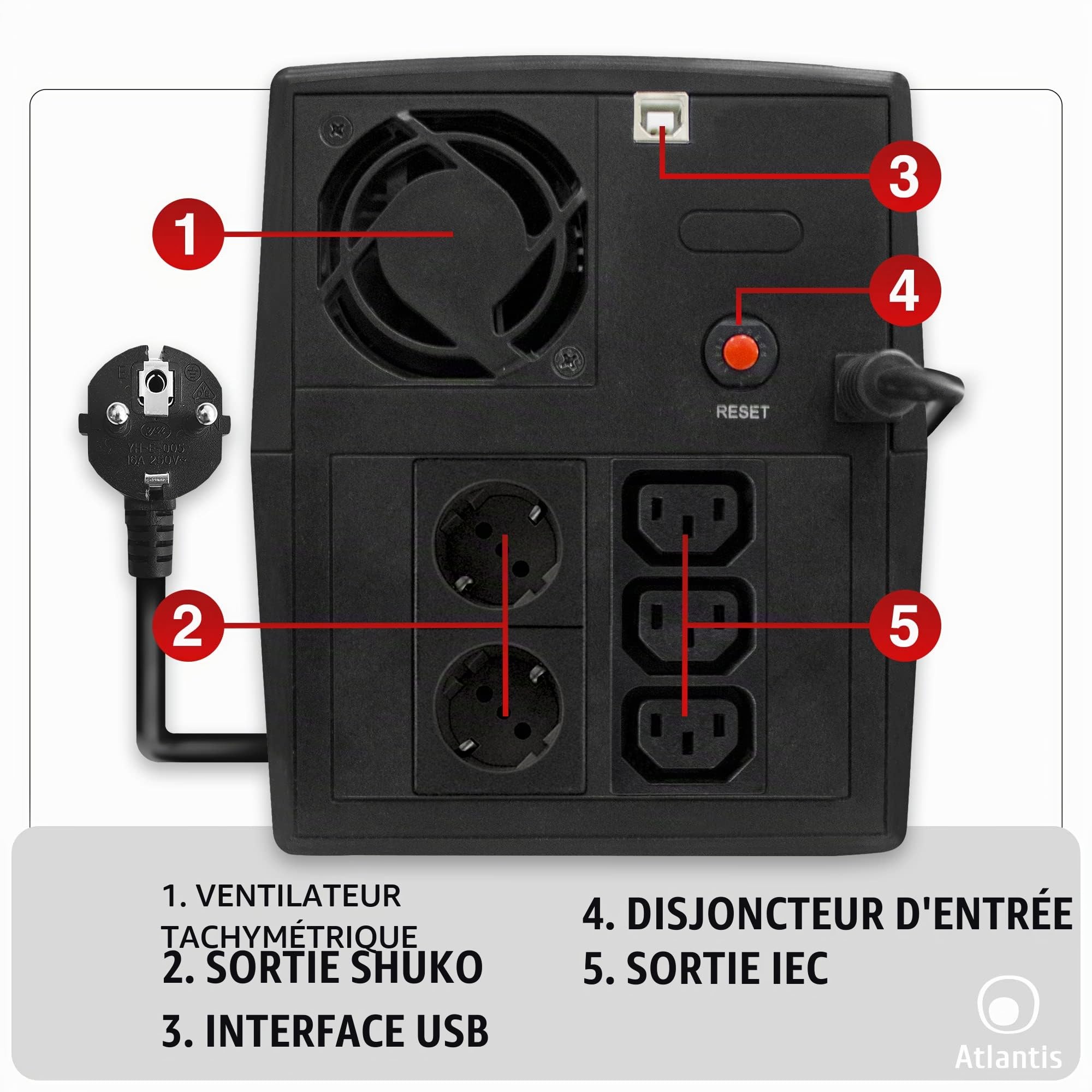 Atlantis onduleur UPS Line Interactive 2000VA/1200W 2 × 9 Ah | Onde pseudo-sinusoïdale, stabilisateur de tension AVR à 3 étages, 3 IEC + 2 Schuko, 2 batt 12V 9Ah, conn USB, réf. A03-S2001
