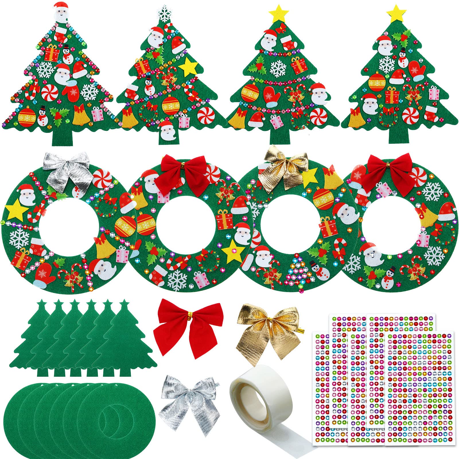 Tatuo 12 Pcs Felt Christmas Tree Wreath Decorating Craft Christmas DIY Ornaments Making Kit with 221 Self Adhesive Felt Stickers 12 Bows and 5 Gem
