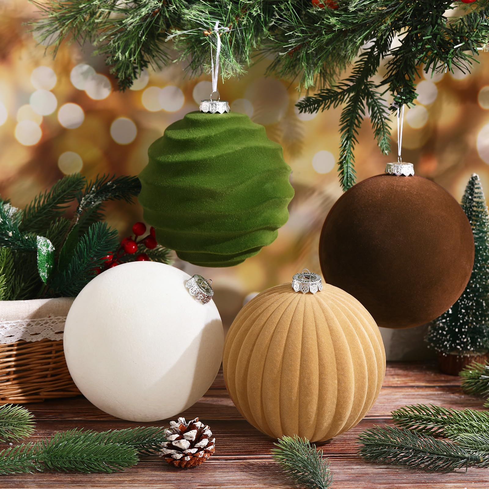 Syhood 4 bolas de Navidad de terciopelo neutro de 6 pulgadas, grandes esferas de adorno de terciopelo, decoraciones de árbol de Navidad, adornos flocados colgantes para árbol de Navidad, guirnalda del