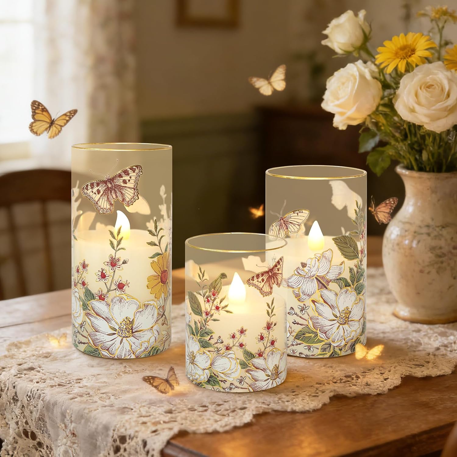 Impress Life Flameless Candles with Remote, 3PCS Butterfly Floral Glass Candles with 3D Flickering LED Wick, Battery Operated Candles for Spring Decor & Home