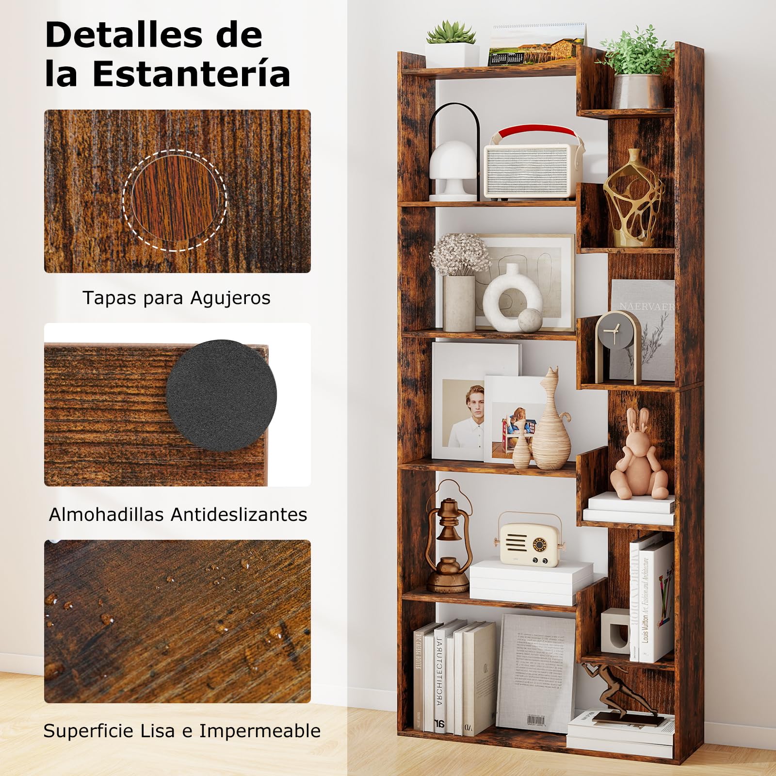 GOPLUS Librería de Madera de 6 Niveles, Estantería Alta con Sistema Antivuelco, Separador de Ambientes Independiente, Soporte de Exhibición para Dormitorio y Oficina (Marrón Rústico)