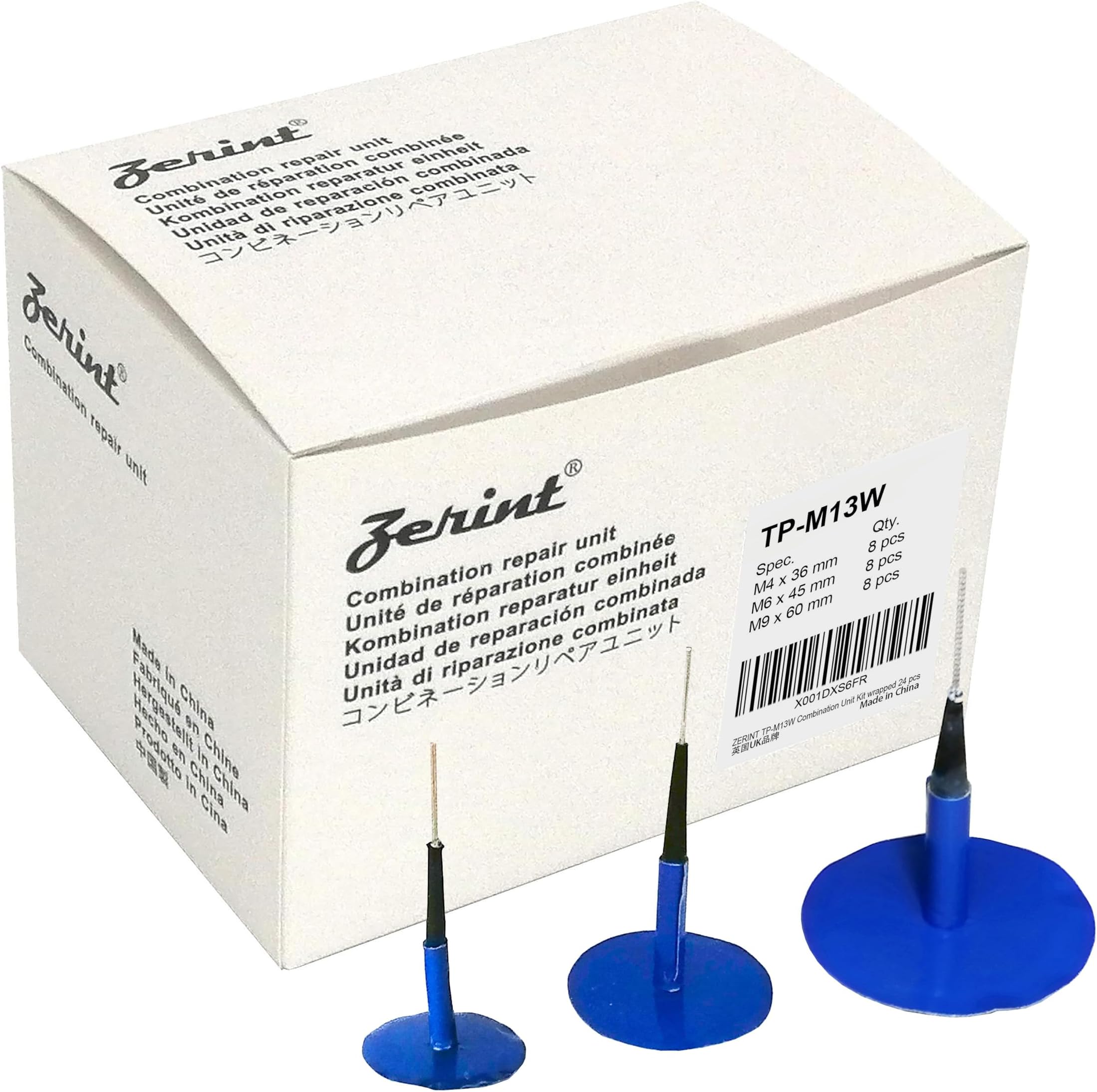 TP-M13W Combination Repair Unit Kit, Tyre Puncture Repair Plug Kit 4.5 x 36 mm, 6 x 45 mm and 9 x 60 mm wrapped stem 8 pcs each