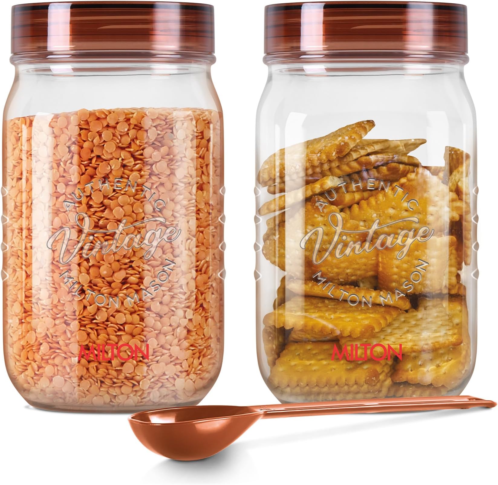 Milton Vintage Airtight Containers with Spoons for Kitchen Storage Food Grade Plastic, Stackable & Transparent Organizer Jars, Masala Dabba, Set of 2 (2 Litres each) for Tea, Coffee, Sugar, Dry Fruits