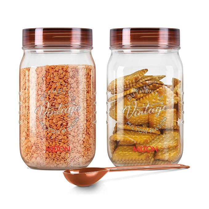 Milton Vintage Airtight Containers with Spoons for Kitchen Storage Food Grade Plastic, Stackable & Transparent Organizer Jars, Masala Dabba, Set of 2 (2 Litres each) for Tea, Coffee, Sugar, Dry Fruits