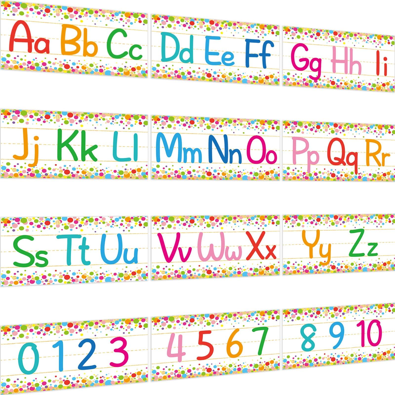 12 Pieces Alphabet Bulletin Board Strips Set Alphabet Line ABC Alphabet Banner & Number Border Posters for Preschool Kindergarten Classroom Playroom Bedroom (Confetti)